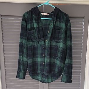 SO Green and Black Plaid Hoodie Shirt